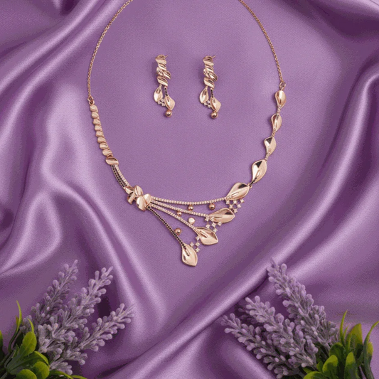 Nature-Inspired Rose Gold Leaf CZ Necklace Set | Intimate Contemporary Bridal Jewelry | Anti-Tarnish Party Wear - Miraasi Jewels