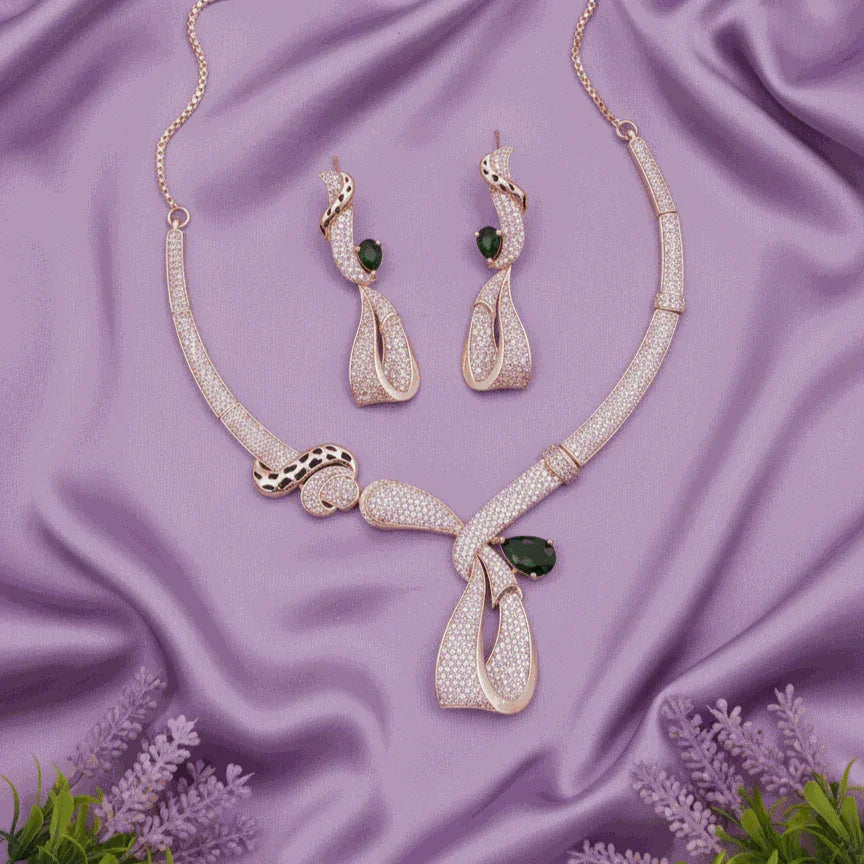 Rose Gold Serpentine Luxury CZ Jewelry Set – Intimate Bridal Necklace & Drop Earrings for Wedding Galas - Miraasi Jewels
