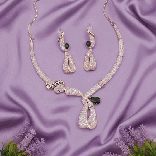 Rose Gold Serpentine Luxury CZ Jewelry Set – Intimate Bridal Necklace & Drop Earrings for Wedding Galas - Miraasi Jewels