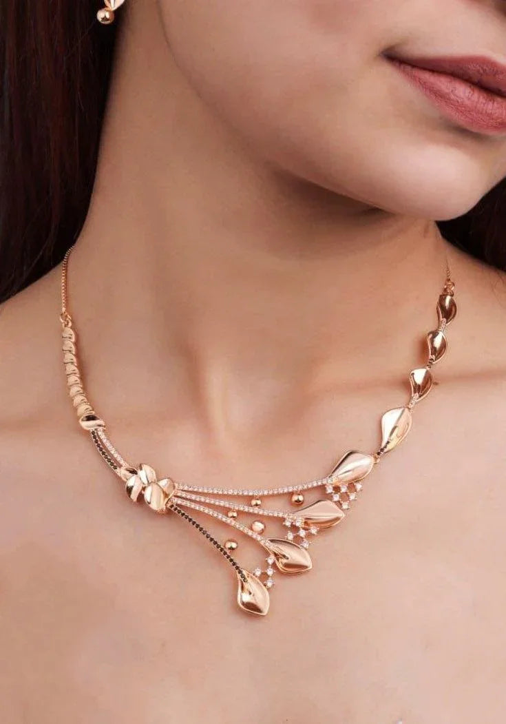 Nature-Inspired Rose Gold Leaf CZ Necklace Set | Intimate Contemporary Bridal Jewelry | Anti-Tarnish Party Wear - Miraasi Jewels