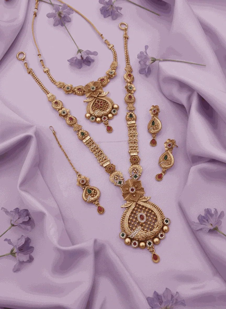 Luxury Gold-Plated Intimate Temple Bridal Jewelry Set | Traditional Haram Choker & Maang Tikka | Wedding Festive Wear - Miraasi Jewels