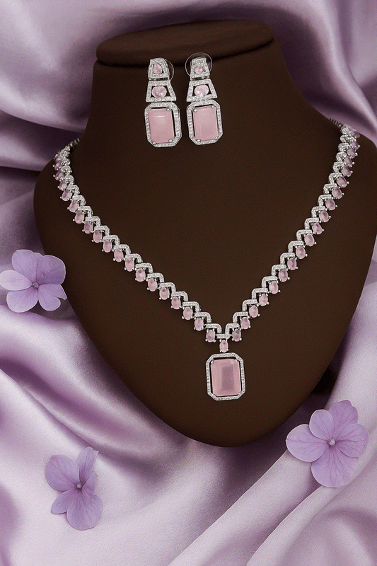Luxury Pink Intimate Jewelry Necklace Set | Bridal CZ & Rose Quartz-Look Wedding Necklace Set | High-End Rhodium Plated Jewelry for Women - Miraasi Jewels