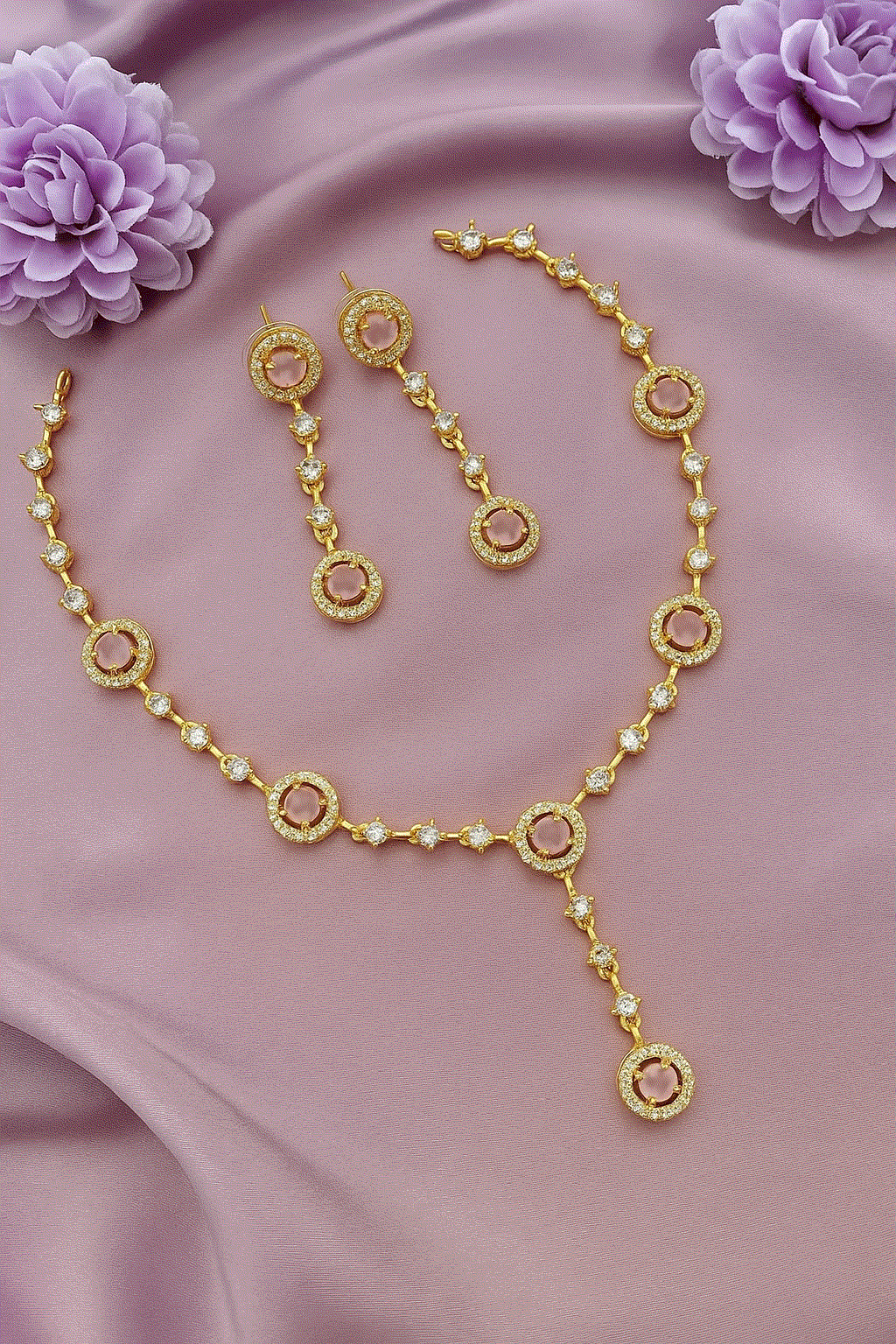 Chic Gold-Plated Pink Stone CZ Y-Necklace Set | Intimate Statement Party Jewelry | Anti-Tarnish Glamour Gift - Miraasi Jewels