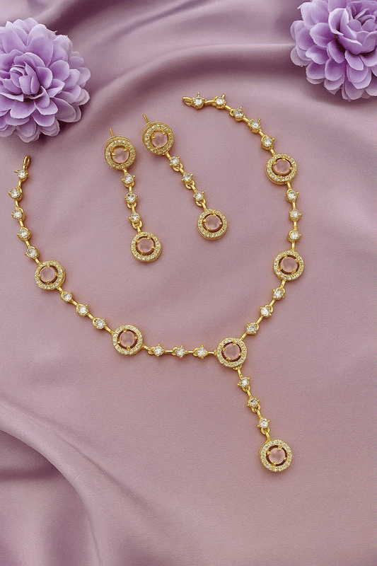 Chic Gold-Plated Pink Stone CZ Y-Necklace Set | Intimate Statement Party Jewelry | Anti-Tarnish Glamour Gift - Miraasi Jewels