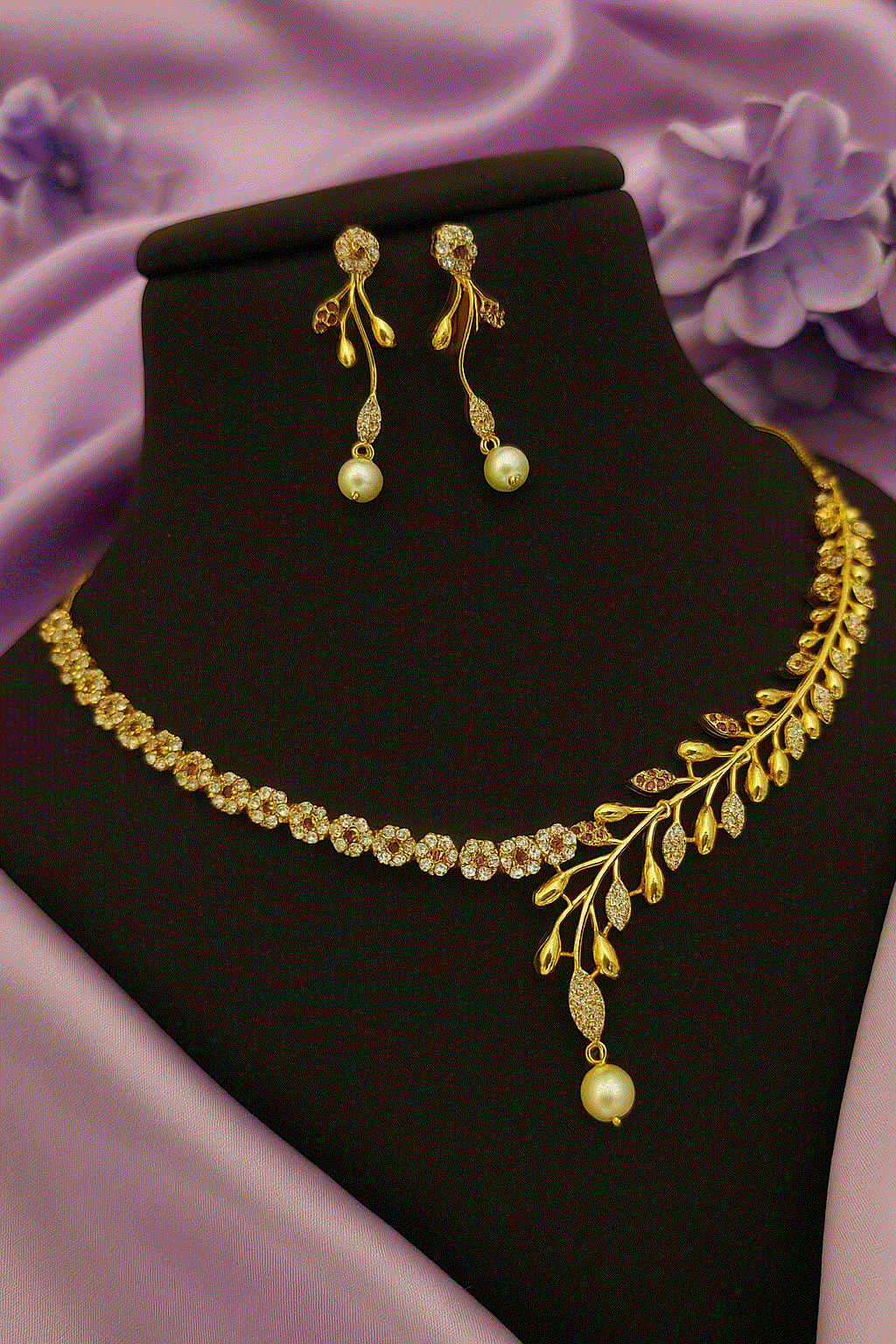 Nature-Inspired Gold-Plated Leaf CZ Necklace Set | Intimate Bridal Pearl Drop Jewelry | Anti-Tarnish Gala Wear - Miraasi Jewels