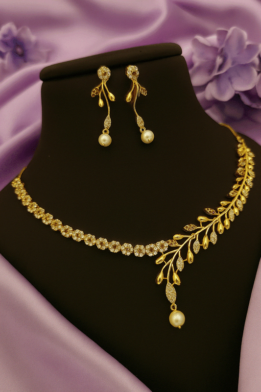 Nature-Inspired Gold-Plated Leaf CZ Necklace Set | Intimate Bridal Pearl Drop Jewelry | Anti-Tarnish Gala Wear - Miraasi Jewels