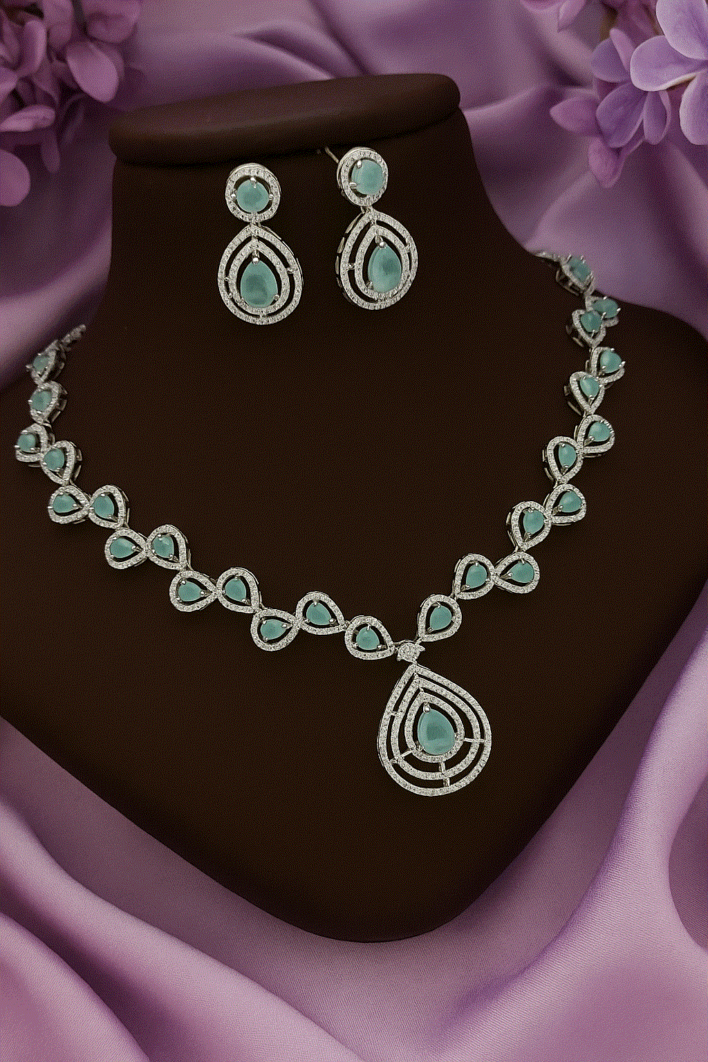 Serene Mint Green & CZ Teardrop Wedding Necklace Set | Intimate Bridal Statement Jewelry | Anti-Tarnish Gala Wear - Miraasi Jewels