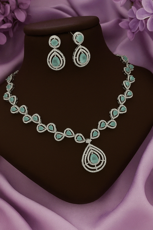 Serene Mint Green & CZ Teardrop Wedding Necklace Set | Intimate Bridal Statement Jewelry | Anti-Tarnish Gala Wear - Miraasi Jewels