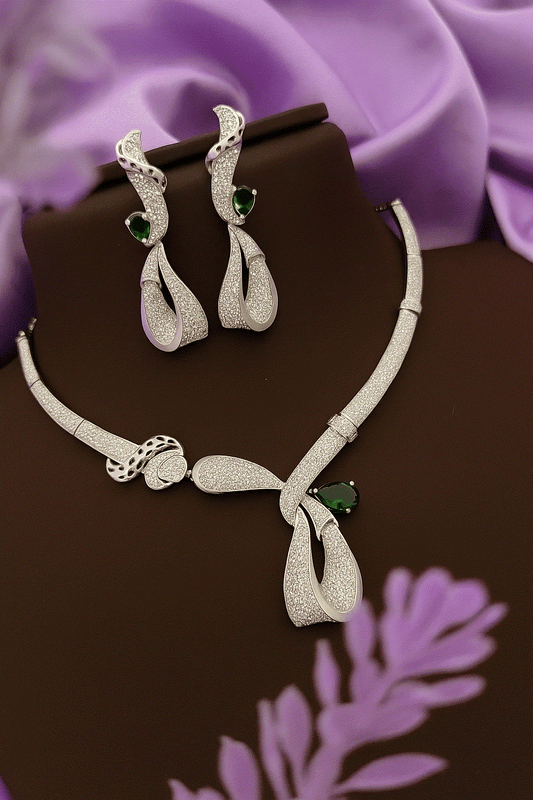 Emerald Cascade Luxury CZ Jewelry Set – Intimate Bridal Necklace & Drop Earrings for Wedding Galas - Miraasi Jewels