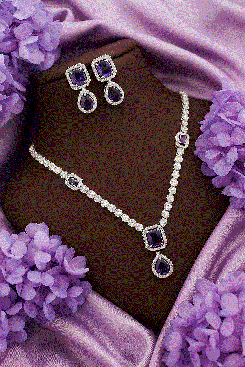 Royal Amethyst Purple & CZ Square Drop Necklace Set | Intimate Bridal Jewelry | Luxury Anti-Tarnish Gala Wear - Miraasi Jewels