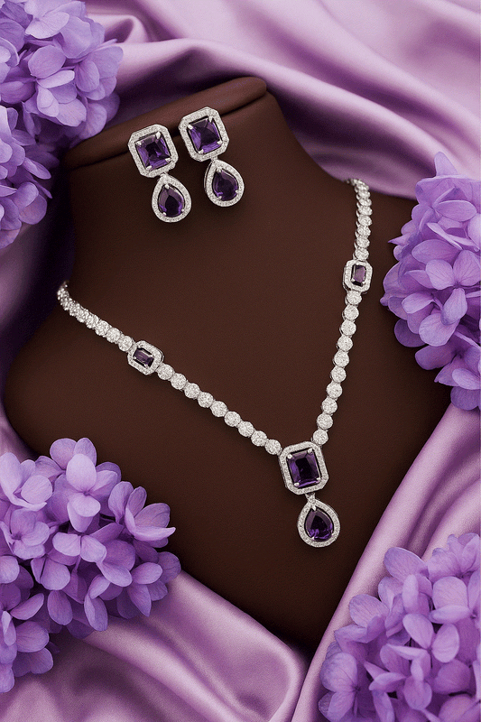 Royal Amethyst Purple & CZ Square Drop Necklace Set | Intimate Bridal Jewelry | Luxury Anti-Tarnish Gala Wear - Miraasi Jewels