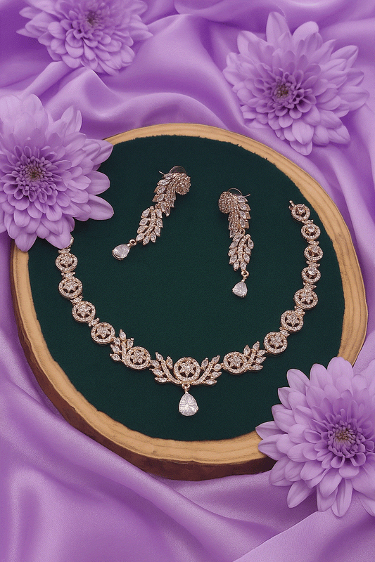 Luxury CZ Bridal Jewelry Set with intricate floral design, cubic zirconia stones necklace and earrings on purple satin background