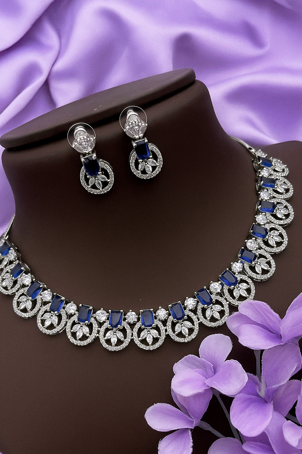 Royal Sapphire Blue & Diamond CZ Wedding Necklace Set | Intimate Bridal Jewelry | Anti-Tarnish Gala Party Wear - Miraasi Jewels