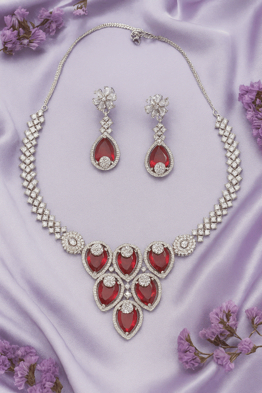 Luxury Ruby Red Heart CZ Wedding Necklace Set | Intimate Bridal V-Neck Jewelry | Anti-Tarnish Anniversary Gift - Miraasi Jewels