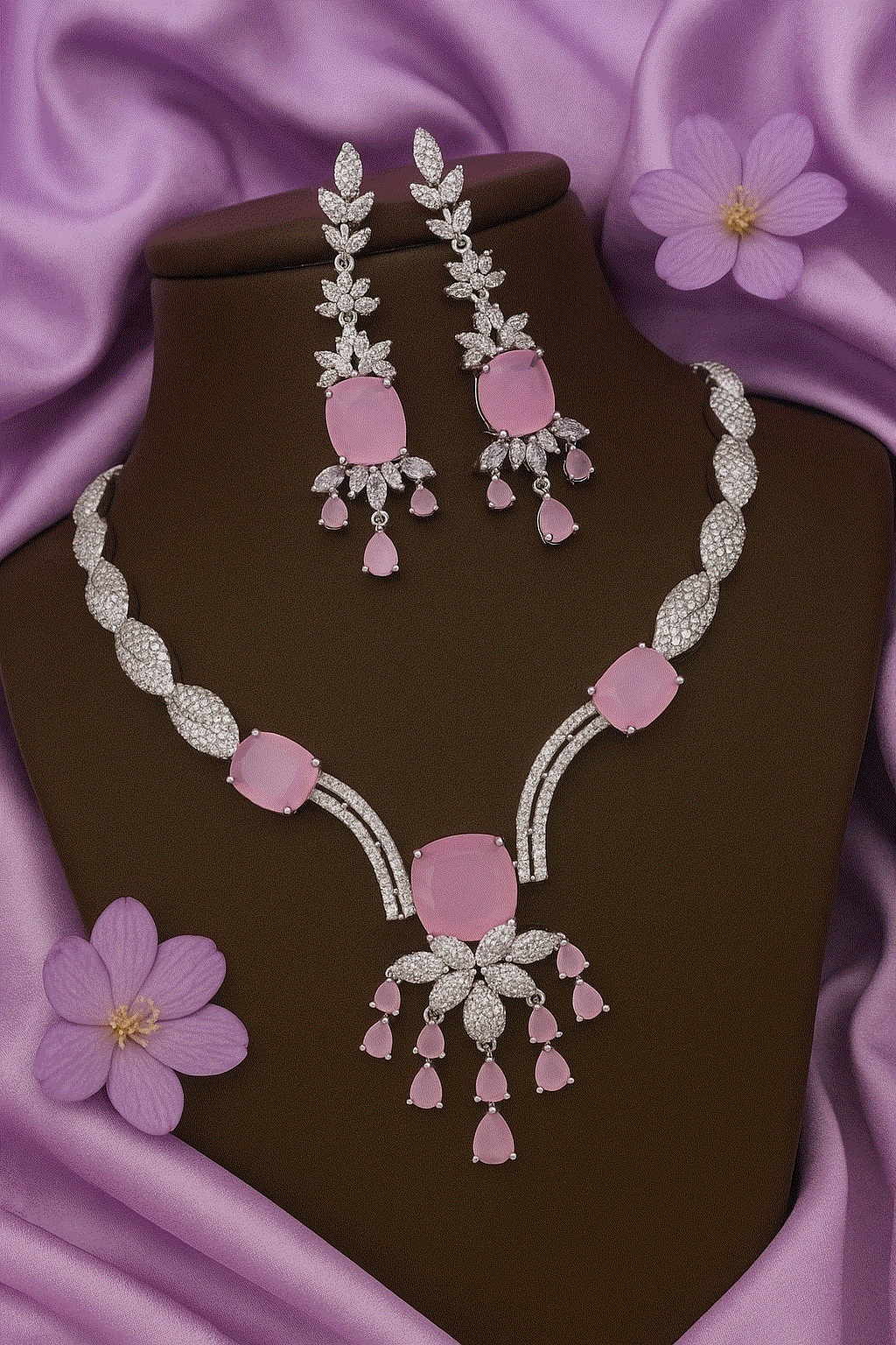 Elegant intimate jewelry set featuring pink CZ floral drop necklace and matching earrings with rhodium plating on purple satin background