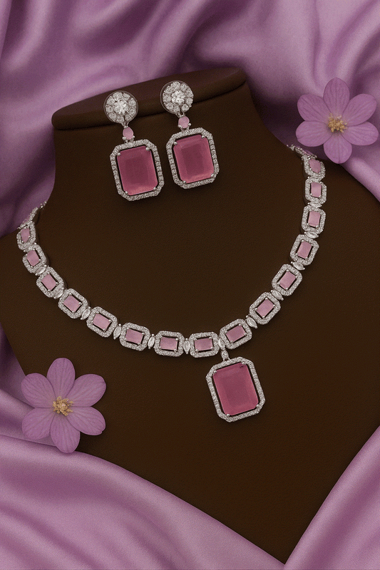 Luxury CZ Intimate Jewelry Set with pink emerald-cut gemstones and cubic zirconia accents on rhodium plating