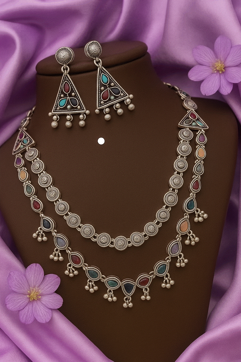 Tribal Antique Jewelry Set oxidized silver multi-color gemstone necklace with matching temple jhumka earrings on brown display